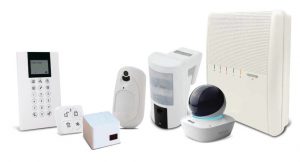 A display of home security devices on white background