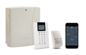 A display of home security devices on white background